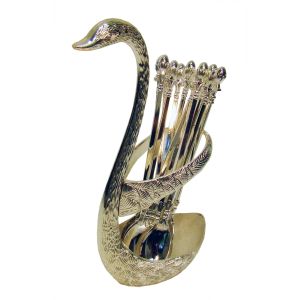 Silver 12 pcs Tea Spoon and Swan Holder Set